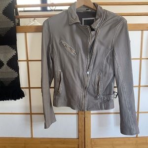 Mauritius Asymmetrical Zip Taupe Leather Notch Collar Moto Jacket